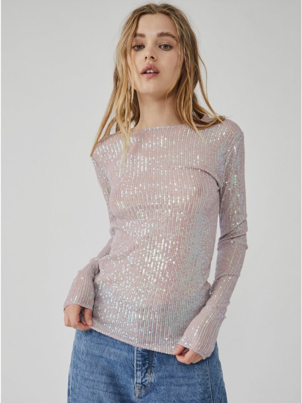 Free People Iridescent Sequin Ribbed Long-Sleeve Top - Light Pink